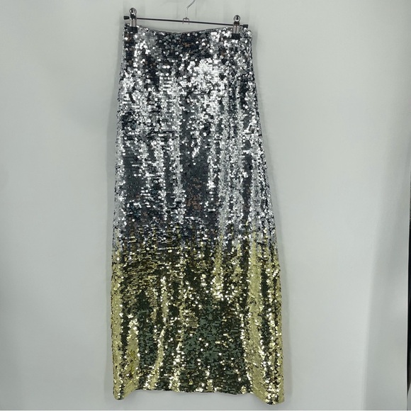 By Anthropologie Low-Rise Sequin Maxi Skirt silver yellow Sz XXS - Picture 2 of 8